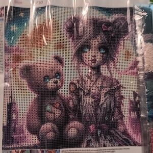 Colorful Diamond Painting Kit with Goth Girl and Teddy Bear 30x30